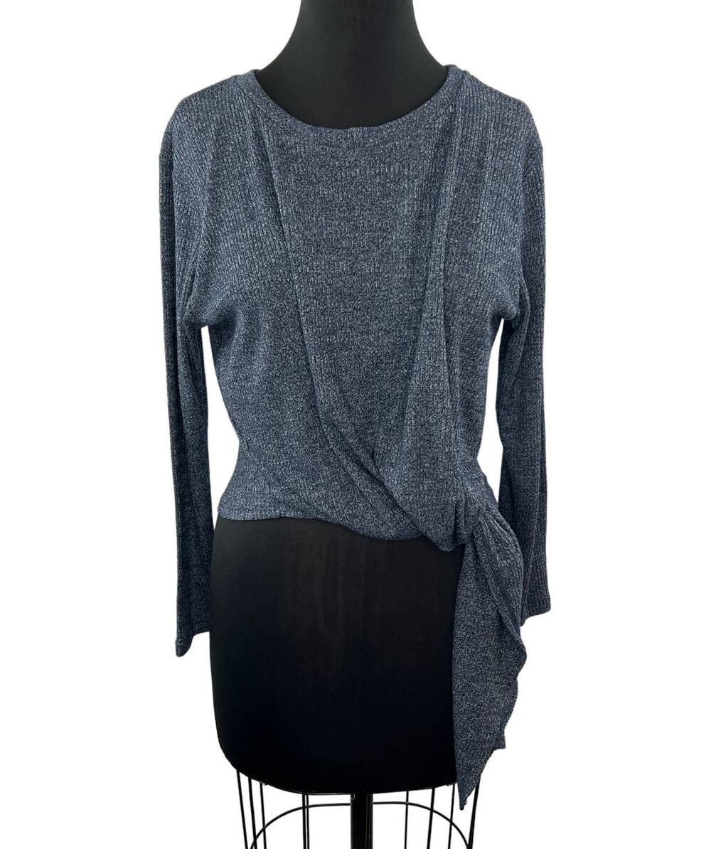 ASTR The Label Slate Blue Gray Side Tie Ribbed Long Sleeve Draped Blouse Top S